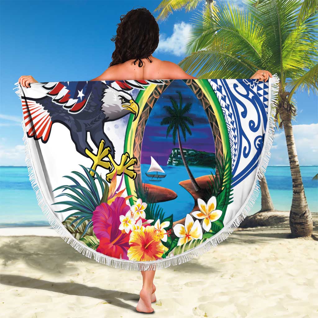 Guam and United States Together Beach Blanket Bald Eagle and Guam Seal with Flower and Tribal Tattoos LT03 - Polynesian Pride