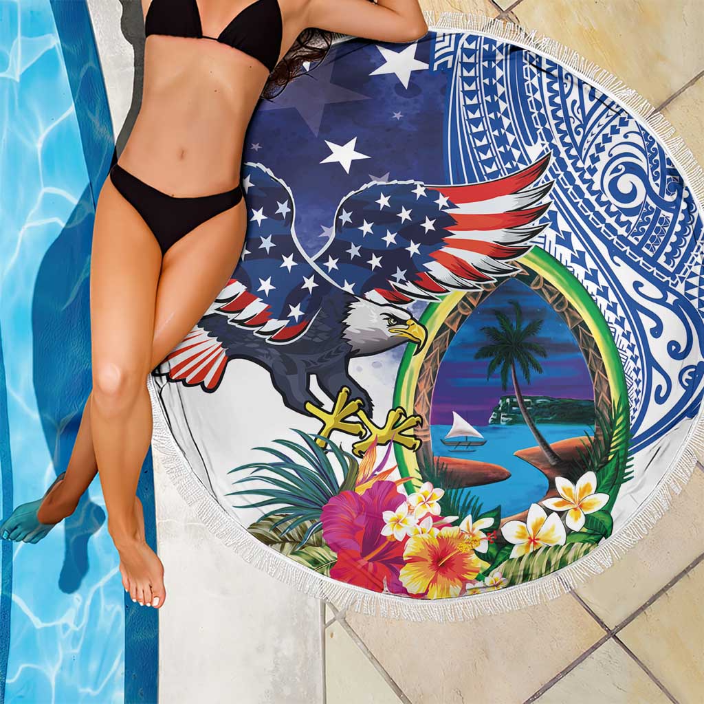 Guam and United States Together Beach Blanket Bald Eagle and Guam Seal with Flower and Tribal Tattoos LT03 - Polynesian Pride
