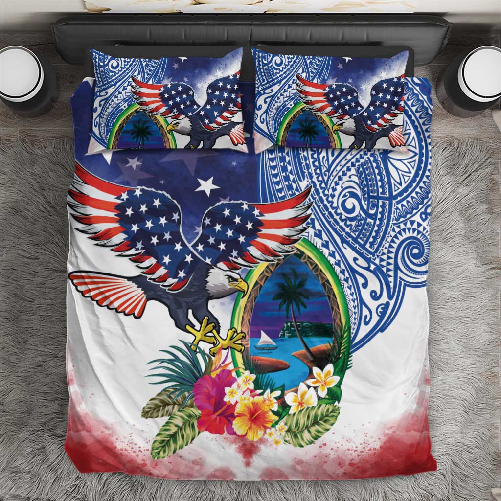 Guam and United States Together Bedding Set Bald Eagle and Guam Seal with Flower and Tribal Tattoos LT03 Multicolor - Polynesian Pride