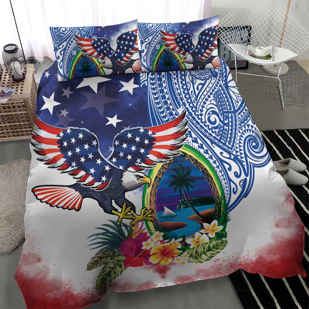Guam and United States Together Bedding Set Bald Eagle and Guam Seal with Flower and Tribal Tattoos LT03 - Polynesian Pride