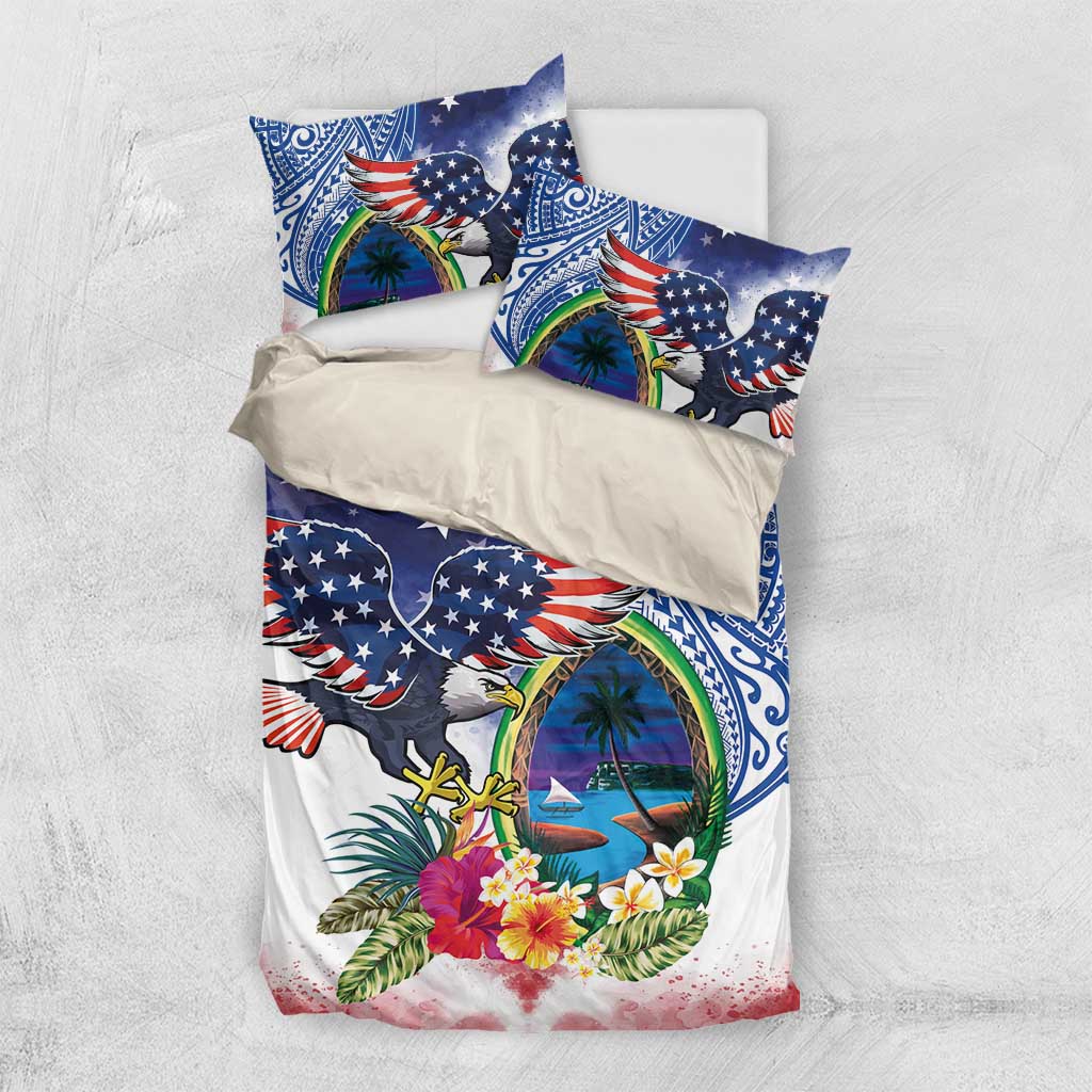 Guam and United States Together Bedding Set Bald Eagle and Guam Seal with Flower and Tribal Tattoos LT03 US Twin 172cm x 218cm Multicolor - Polynesian Pride