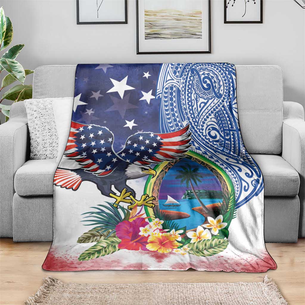 Guam and United States Together Blanket Bald Eagle and Guam Seal with Flower and Tribal Tattoos LT03 - Polynesian Pride