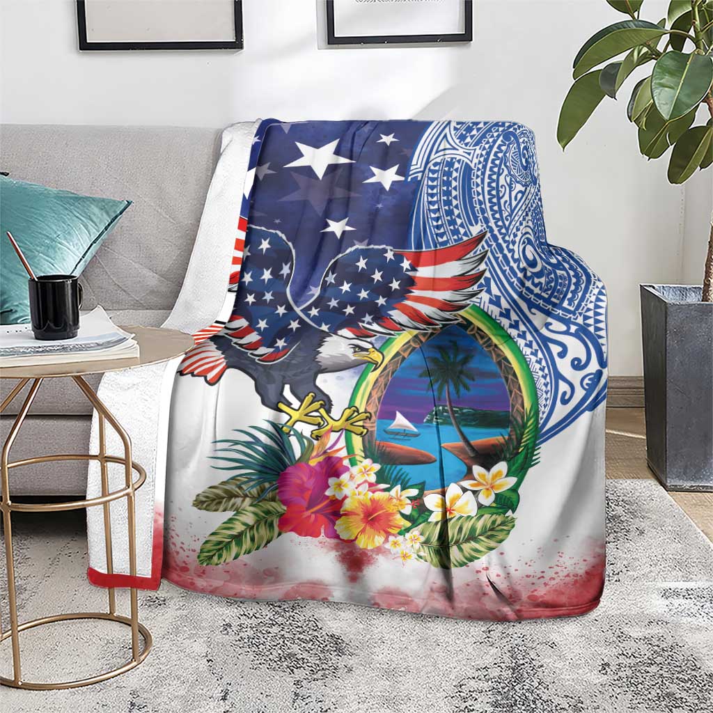Guam and United States Together Blanket Bald Eagle and Guam Seal with Flower and Tribal Tattoos LT03 - Polynesian Pride