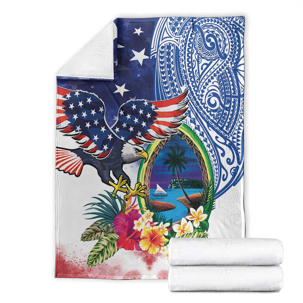 Guam and United States Together Blanket Bald Eagle and Guam Seal with Flower and Tribal Tattoos LT03 - Polynesian Pride