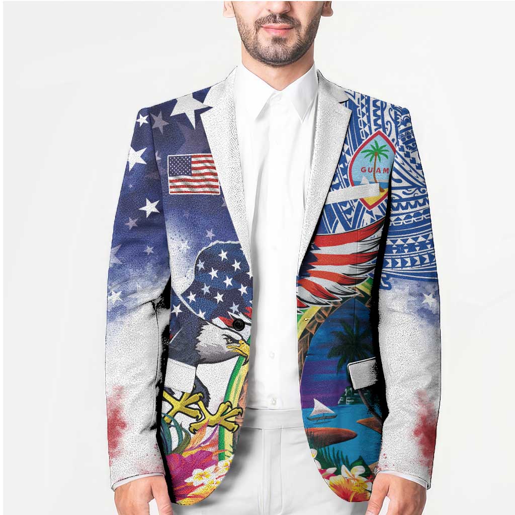 Guam and United States Together Blazer Bald Eagle and Guam Seal with Flower and Tribal Tattoos LT03 - Polynesian Pride