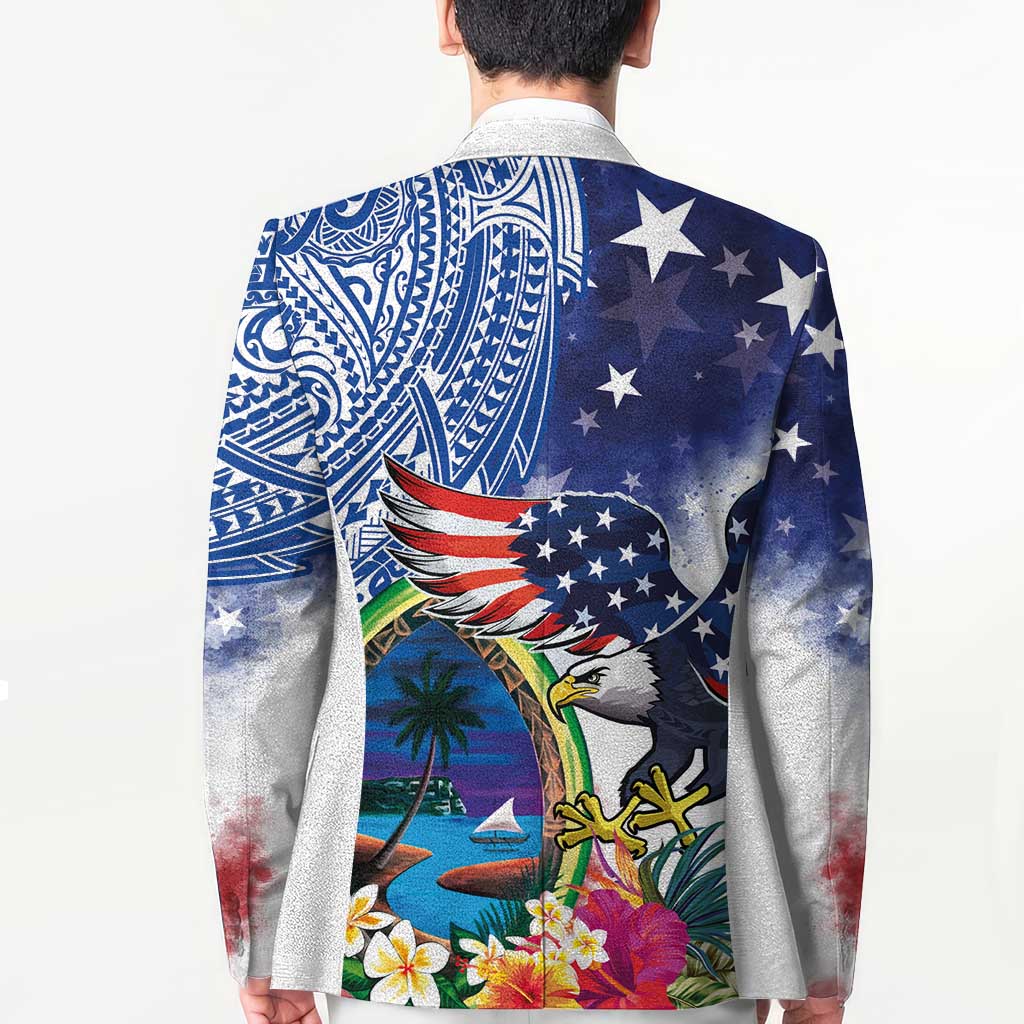 Guam and United States Together Blazer Bald Eagle and Guam Seal with Flower and Tribal Tattoos LT03 - Polynesian Pride