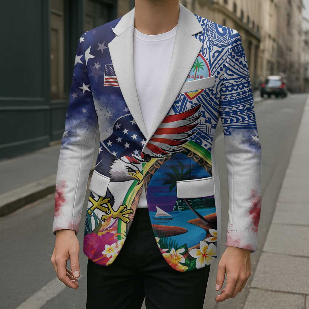 Guam and United States Together Blazer Bald Eagle and Guam Seal with Flower and Tribal Tattoos LT03 - Polynesian Pride