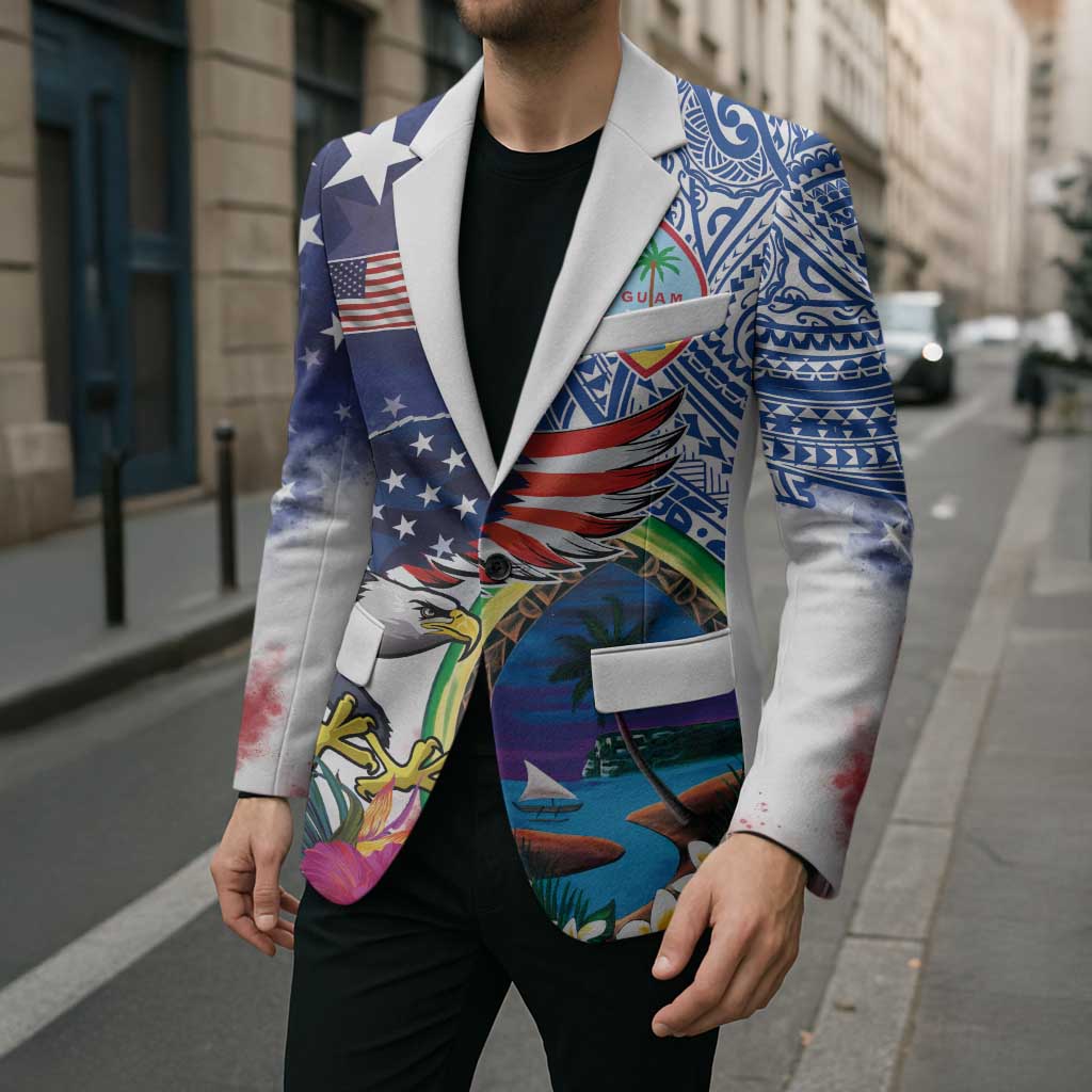 Guam and United States Together Blazer Bald Eagle and Guam Seal with Flower and Tribal Tattoos LT03 - Polynesian Pride