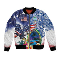 Guam and United States Together Bomber Jacket Bald Eagle and Guam Seal with Flower and Tribal Tattoos LT03 Unisex Multicolor - Polynesian Pride