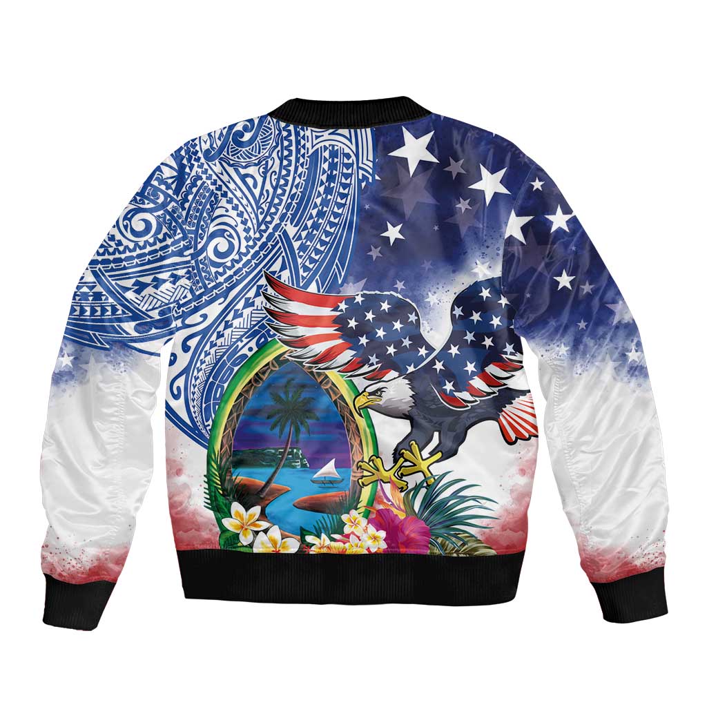 Guam and United States Together Bomber Jacket Bald Eagle and Guam Seal with Flower and Tribal Tattoos LT03 - Polynesian Pride