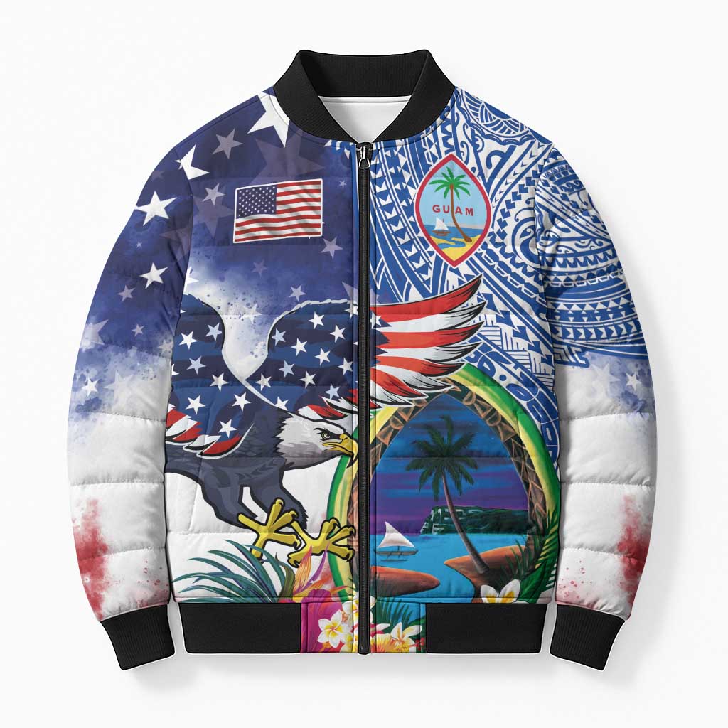 Guam and United States Together Bomber Puffer Jacket Bald Eagle and Guam Seal with Flower and Tribal Tattoos LT03 Unisex Multicolor - Polynesian Pride