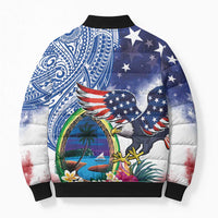 Guam and United States Together Bomber Puffer Jacket Bald Eagle and Guam Seal with Flower and Tribal Tattoos LT03 - Polynesian Pride