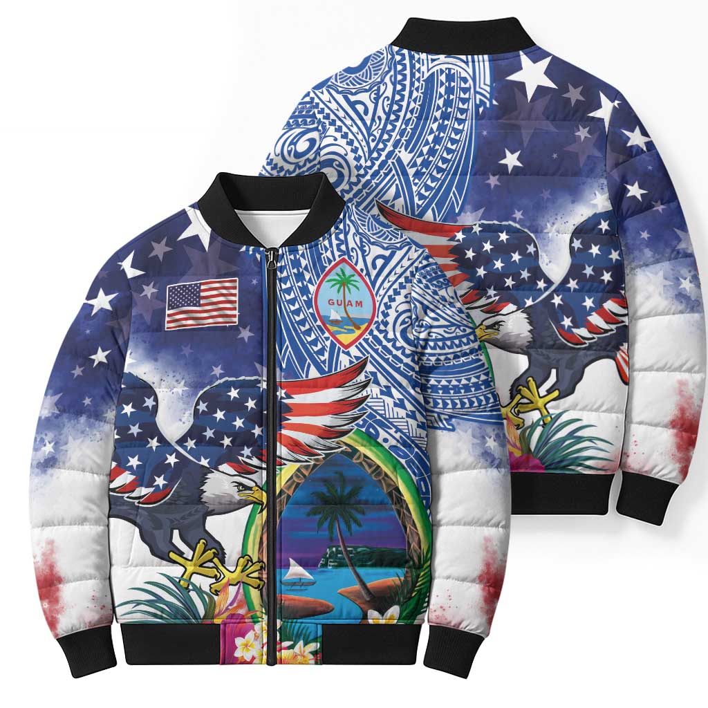 Guam and United States Together Bomber Puffer Jacket Bald Eagle and Guam Seal with Flower and Tribal Tattoos LT03 - Polynesian Pride