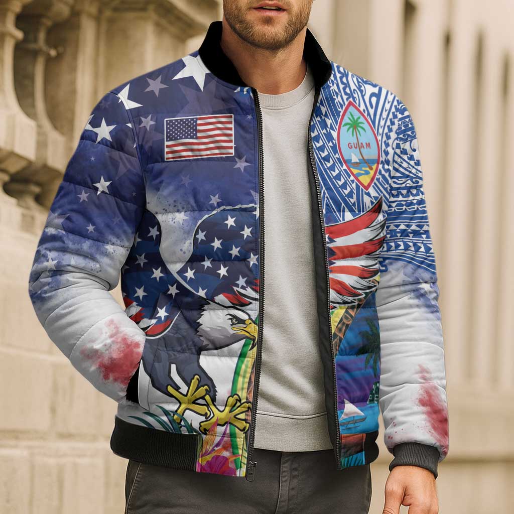 Guam and United States Together Bomber Puffer Jacket Bald Eagle and Guam Seal with Flower and Tribal Tattoos LT03 - Polynesian Pride