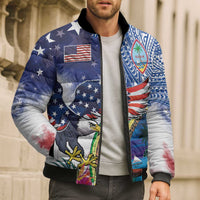 Guam and United States Together Bomber Puffer Jacket Bald Eagle and Guam Seal with Flower and Tribal Tattoos LT03 - Polynesian Pride