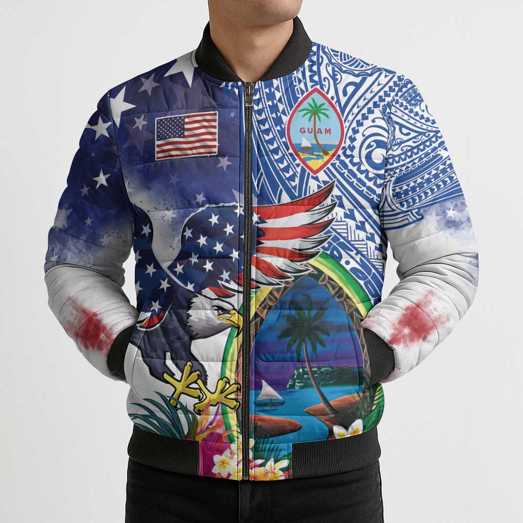 Guam and United States Together Bomber Puffer Jacket Bald Eagle and Guam Seal with Flower and Tribal Tattoos LT03 - Polynesian Pride