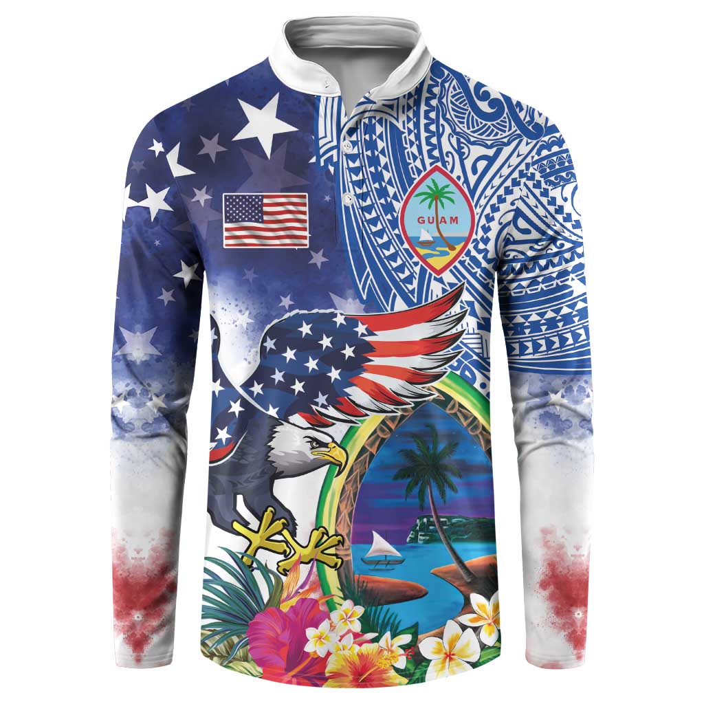 Guam and United States Together Button Sweatshirt Bald Eagle and Guam Seal with Flower and Tribal Tattoos LT03 Multicolor - Polynesian Pride
