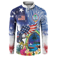 Guam and United States Together Button Sweatshirt Bald Eagle and Guam Seal with Flower and Tribal Tattoos LT03 Multicolor - Polynesian Pride