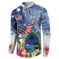 Guam and United States Together Button Sweatshirt Bald Eagle and Guam Seal with Flower and Tribal Tattoos LT03 - Polynesian Pride