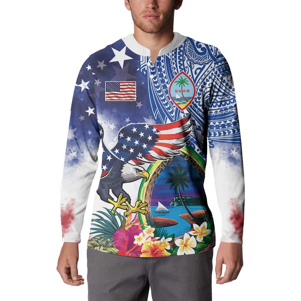 Guam and United States Together Button Sweatshirt Bald Eagle and Guam Seal with Flower and Tribal Tattoos LT03 - Polynesian Pride