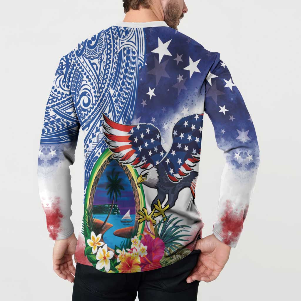 Guam and United States Together Button Sweatshirt Bald Eagle and Guam Seal with Flower and Tribal Tattoos LT03 - Polynesian Pride