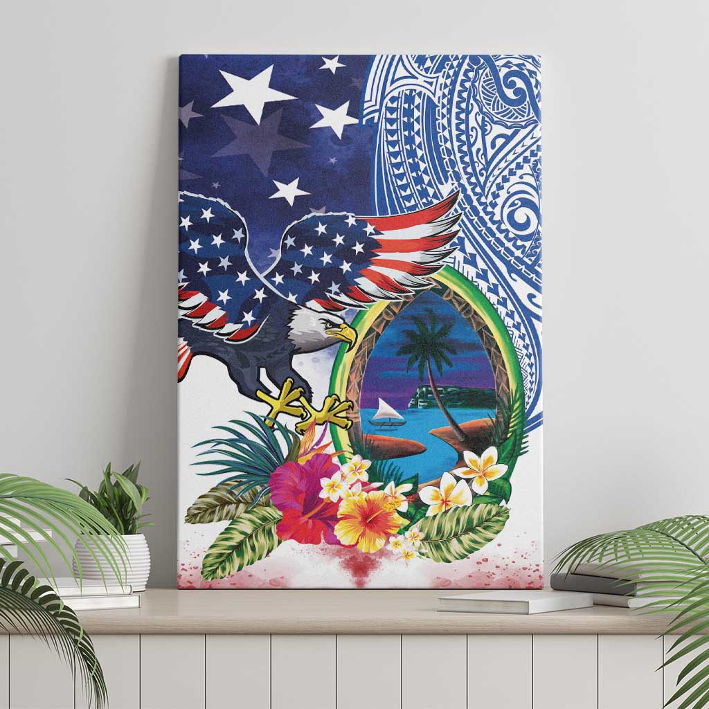 Guam and United States Together Canvas Wall Art Bald Eagle and Guam Seal with Flower and Tribal Tattoos LT03 - Polynesian Pride