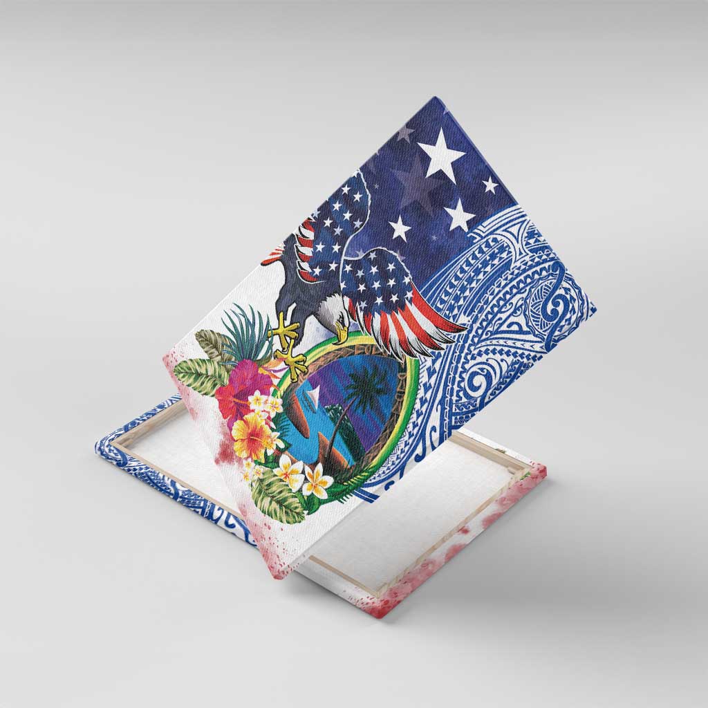 Guam and United States Together Canvas Wall Art Bald Eagle and Guam Seal with Flower and Tribal Tattoos LT03 With Frame Multicolor - Polynesian Pride