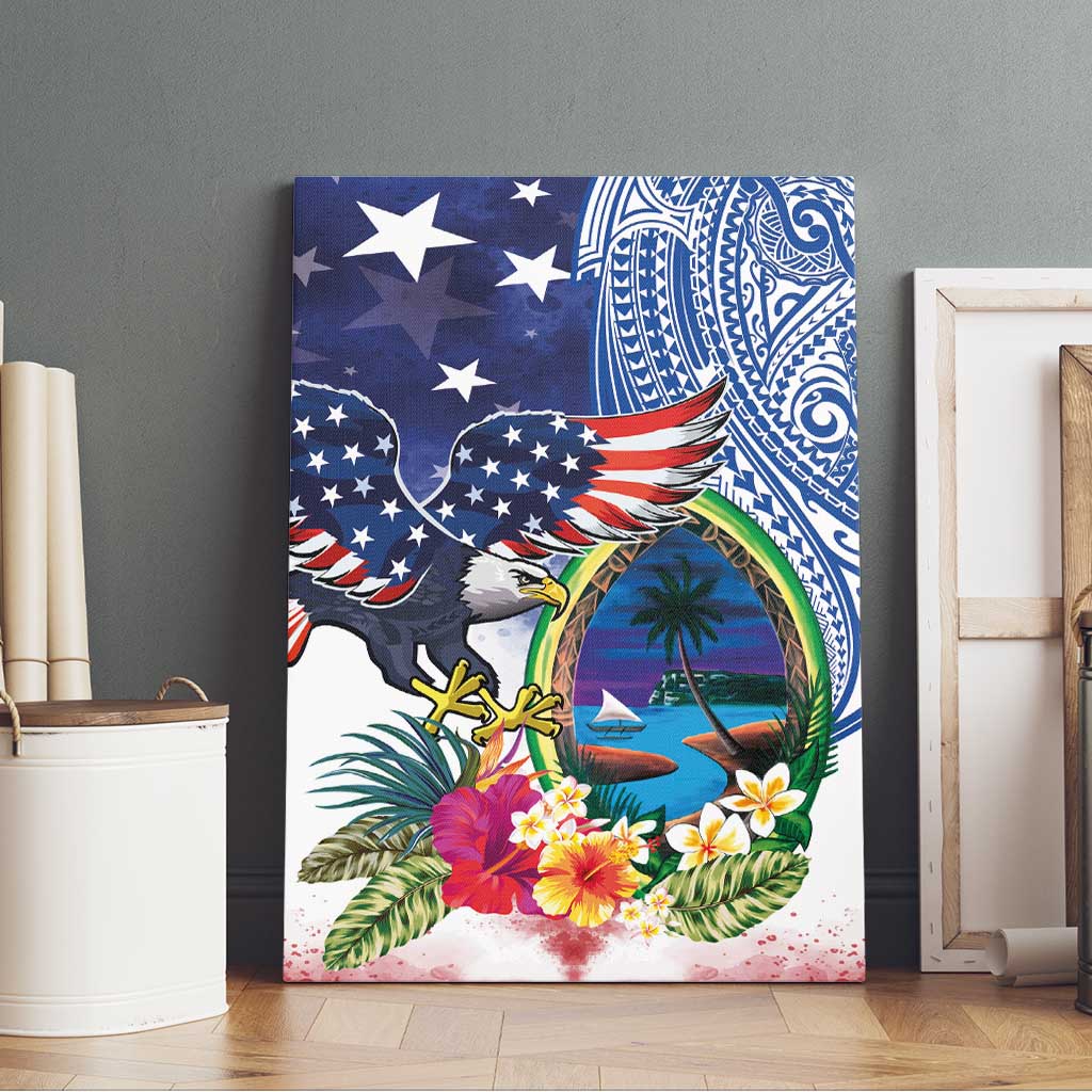 Guam and United States Together Canvas Wall Art Bald Eagle and Guam Seal with Flower and Tribal Tattoos LT03 - Polynesian Pride