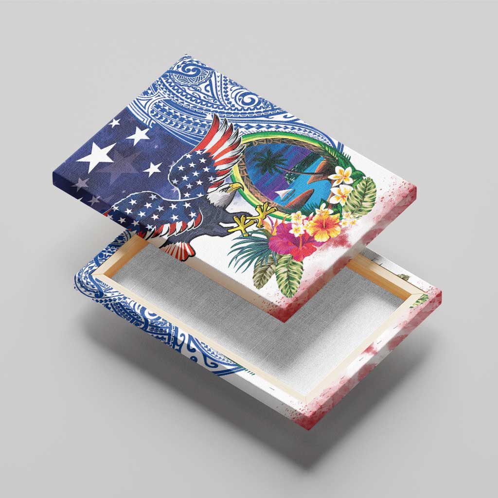 Guam and United States Together Canvas Wall Art Bald Eagle and Guam Seal with Flower and Tribal Tattoos LT03 - Polynesian Pride