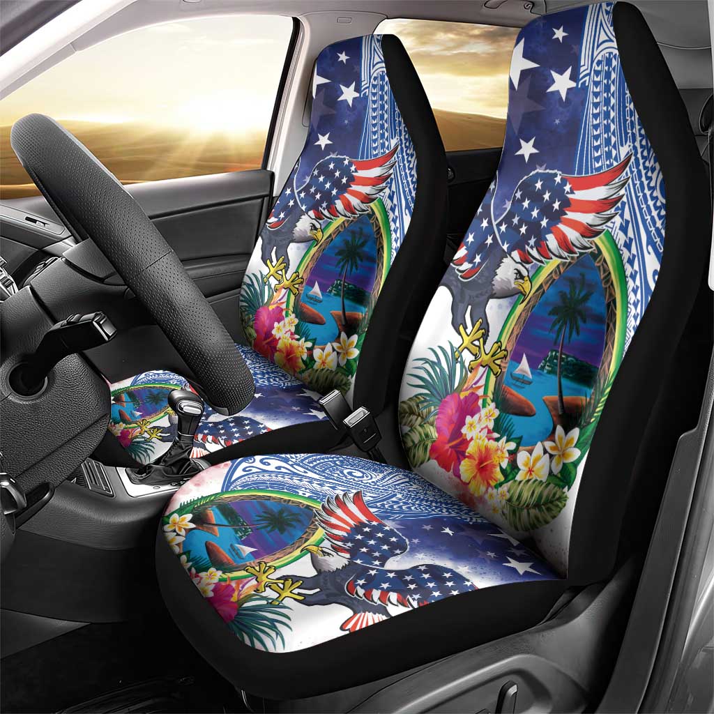 Guam and United States Together Car Seat Cover Bald Eagle and Guam Seal with Flower and Tribal Tattoos - Polynesian Pride