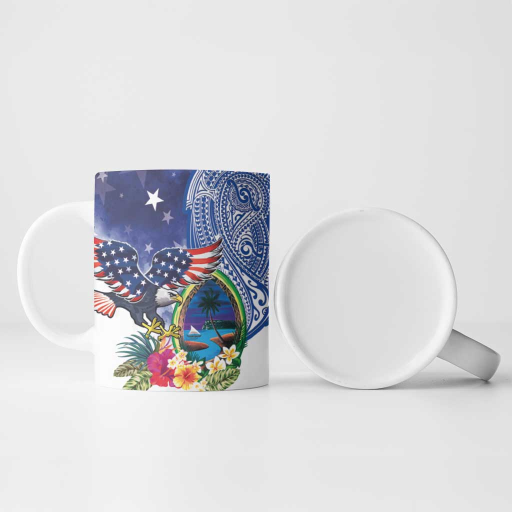 Guam and United States Together Ceramic Mug Bald Eagle and Guam Seal with Flower and Tribal Tattoos LT03 - Polynesian Pride