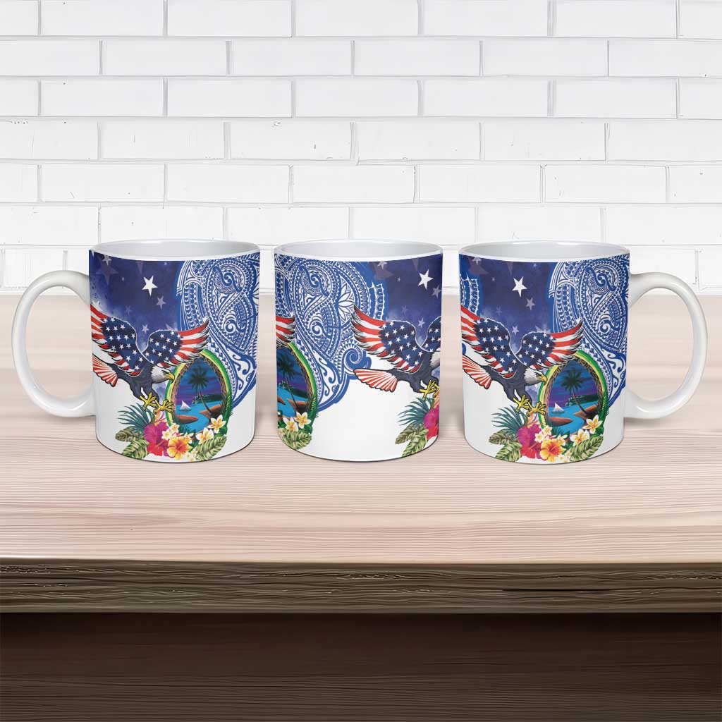 Guam and United States Together Ceramic Mug Bald Eagle and Guam Seal with Flower and Tribal Tattoos LT03 - Polynesian Pride