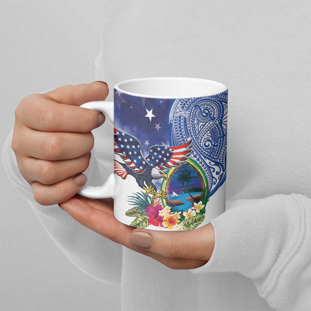 Guam and United States Together Ceramic Mug Bald Eagle and Guam Seal with Flower and Tribal Tattoos LT03 - Polynesian Pride