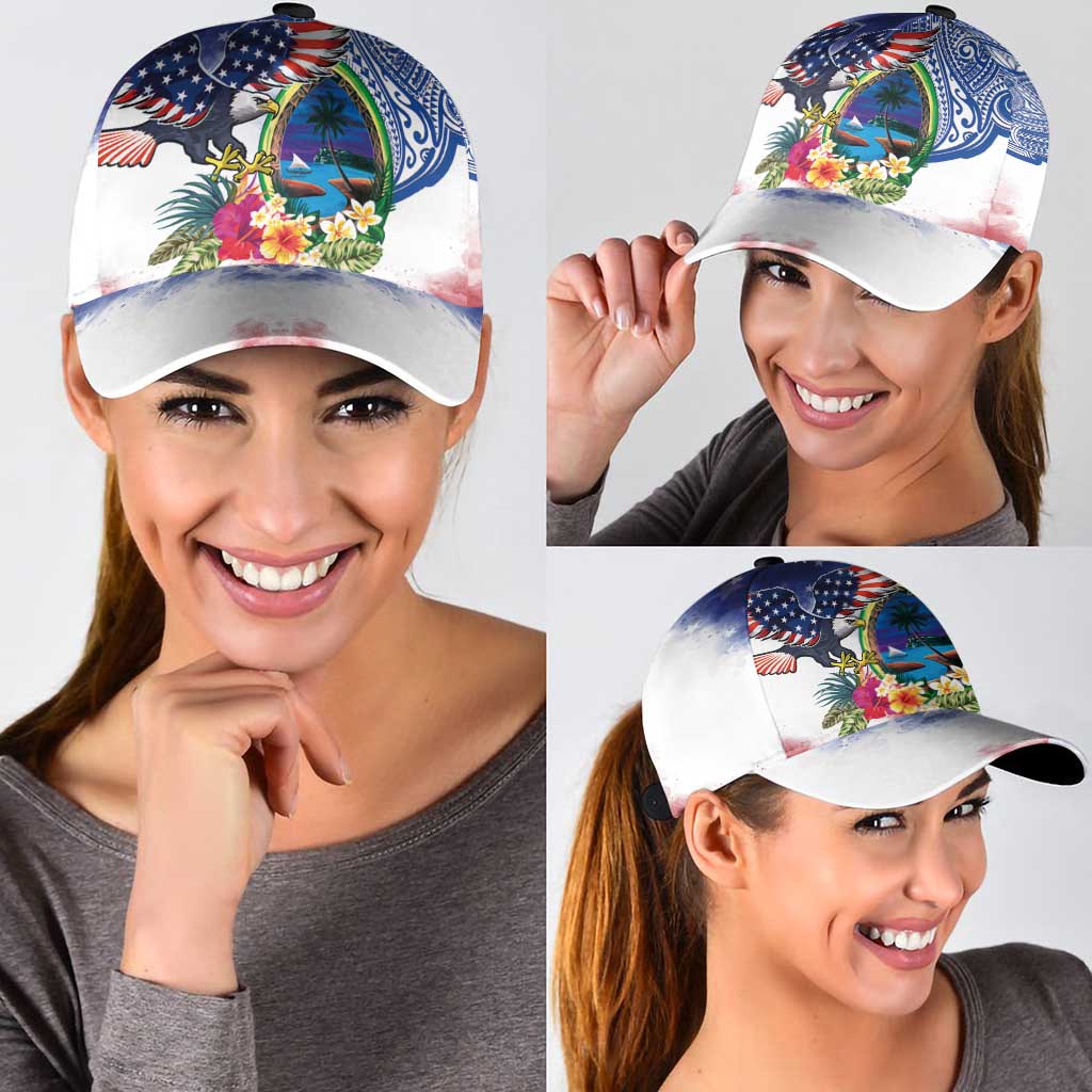 Guam and United States Together Classic Cap Bald Eagle and Guam Seal with Flower and Tribal Tattoos LT03 - Polynesian Pride