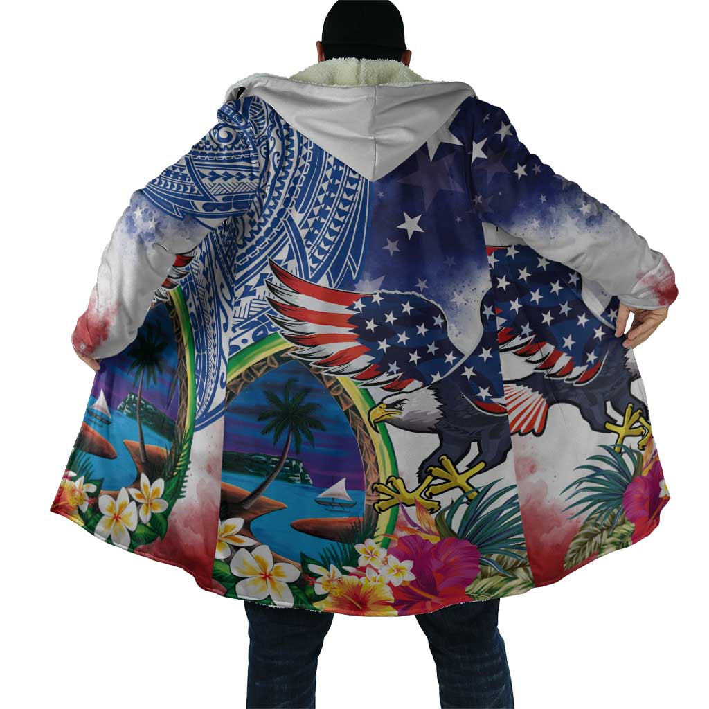 Guam and United States Together Cloak Bald Eagle and Guam Seal with Flower and Tribal Tattoos LT03 - Polynesian Pride
