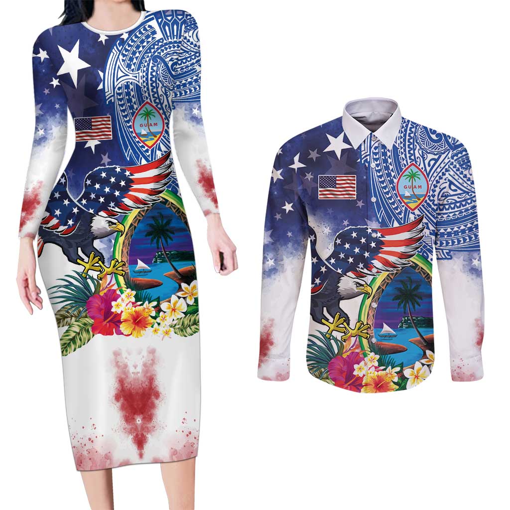 Guam and United States Together Couples Matching Long Sleeve Bodycon Dress and Long Sleeve Button Shirt Bald Eagle and Guam Seal with Flower and Tribal Tattoos LT03 Multicolor - Polynesian Pride