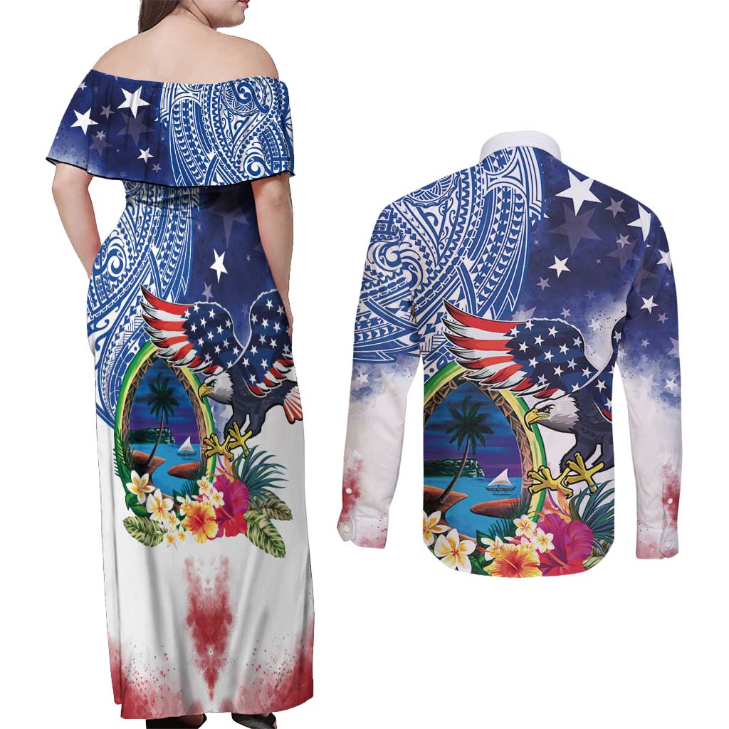 Guam and United States Together Couples Matching Off Shoulder Maxi Dress and Long Sleeve Button Shirt Bald Eagle and Guam Seal with Flower and Tribal Tattoos LT03 - Polynesian Pride