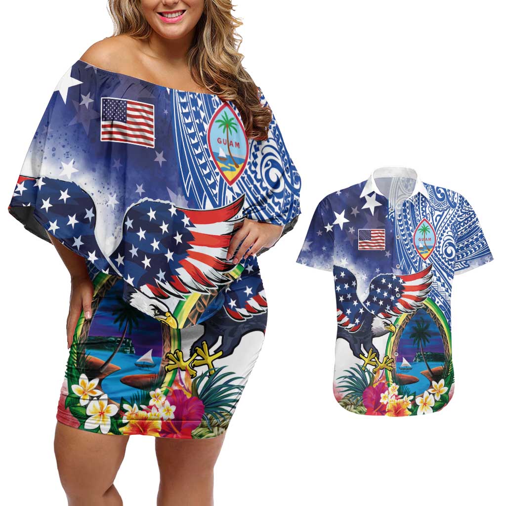 Guam and United States Together Couples Matching Off Shoulder Short Dress and Hawaiian Shirt Bald Eagle and Guam Seal with Flower and Tribal Tattoos - Polynesian Pride
