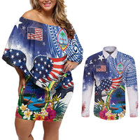 Guam and United States Together Couples Matching Off Shoulder Short Dress and Long Sleeve Button Shirt Bald Eagle and Guam Seal with Flower and Tribal Tattoos LT03 Multicolor - Polynesian Pride