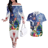 Guam and United States Together Couples Matching Off The Shoulder Long Sleeve Dress and Hawaiian Shirt Bald Eagle and Guam Seal with Flower and Tribal Tattoos LT03 Multicolor - Polynesian Pride
