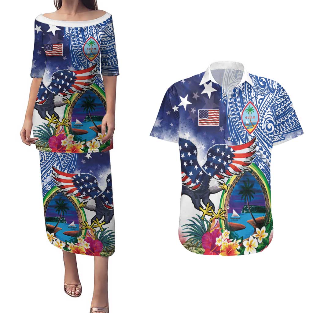 Guam and United States Together Couples Matching Puletasi and Hawaiian Shirt Bald Eagle and Guam Seal with Flower and Tribal Tattoos - Polynesian Pride