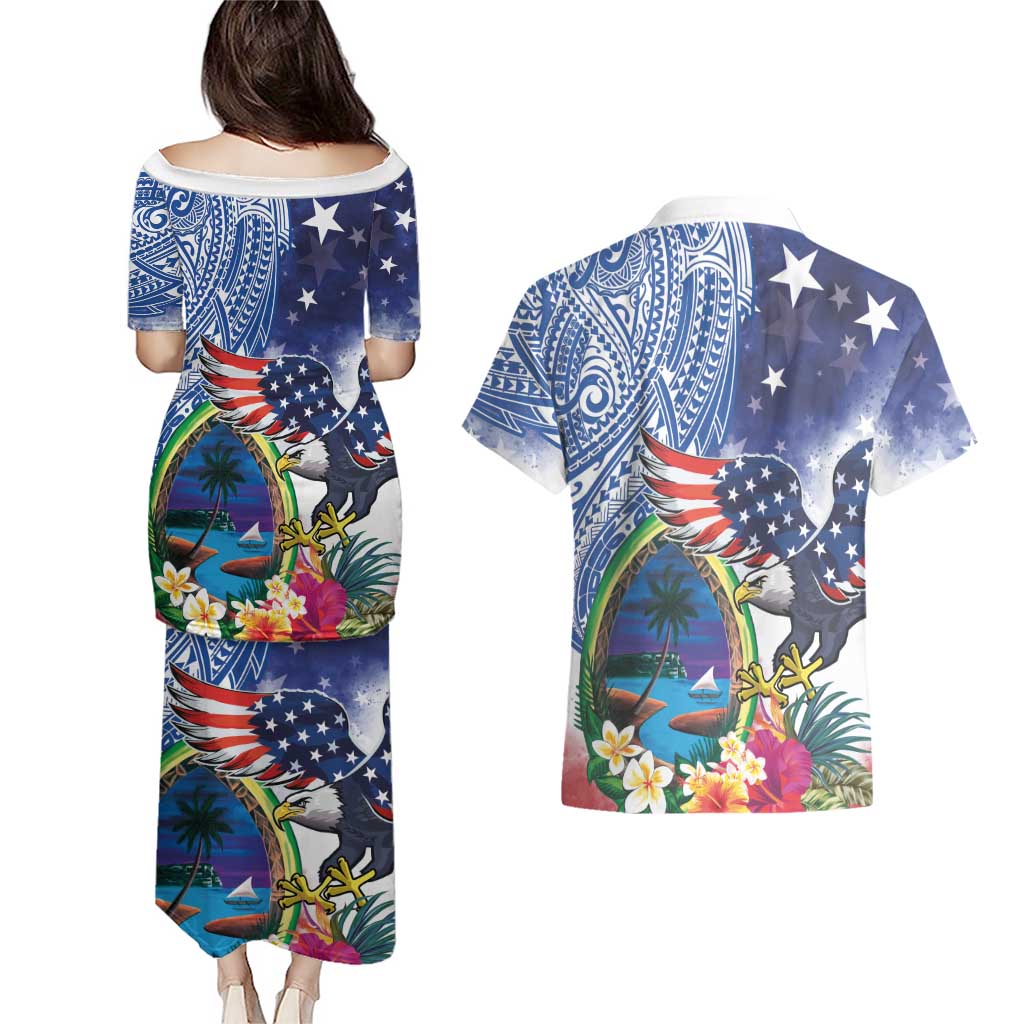 Guam and United States Together Couples Matching Puletasi and Hawaiian Shirt Bald Eagle and Guam Seal with Flower and Tribal Tattoos LT03 - Polynesian Pride