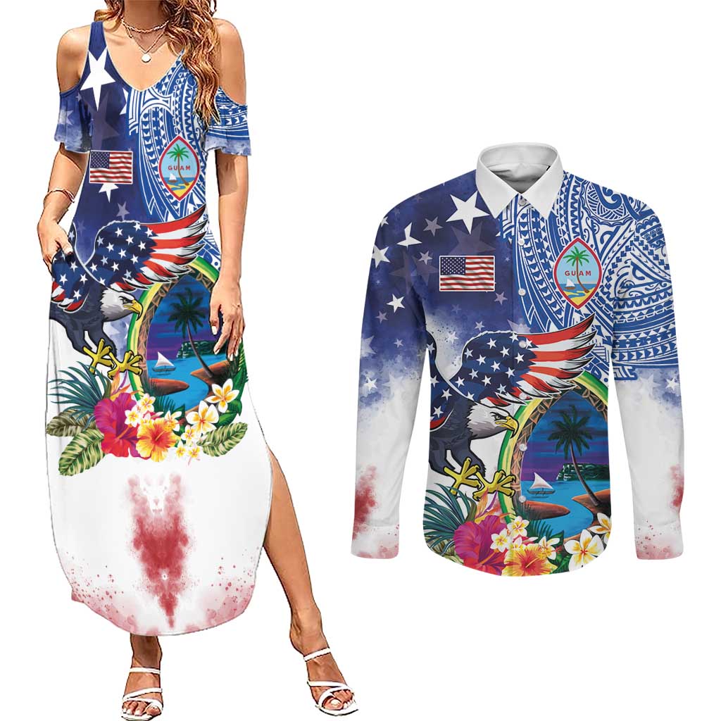 Guam and United States Together Couples Matching Summer Maxi Dress and Long Sleeve Button Shirt Bald Eagle and Guam Seal with Flower and Tribal Tattoos - Polynesian Pride