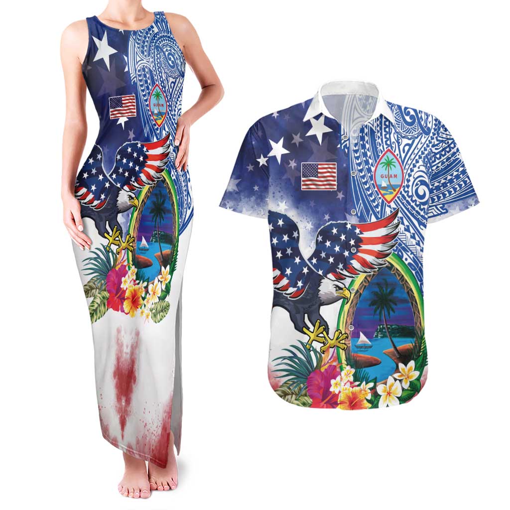 Guam and United States Together Couples Matching Tank Maxi Dress and Hawaiian Shirt Bald Eagle and Guam Seal with Flower and Tribal Tattoos LT03 Multicolor - Polynesian Pride