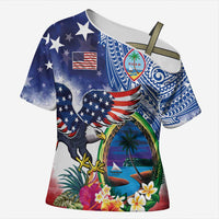 Guam and United States Together Cross Shoulder Shirt Bald Eagle and Guam Seal with Flower and Tribal Tattoos LT03 Female Multicolor - Polynesian Pride