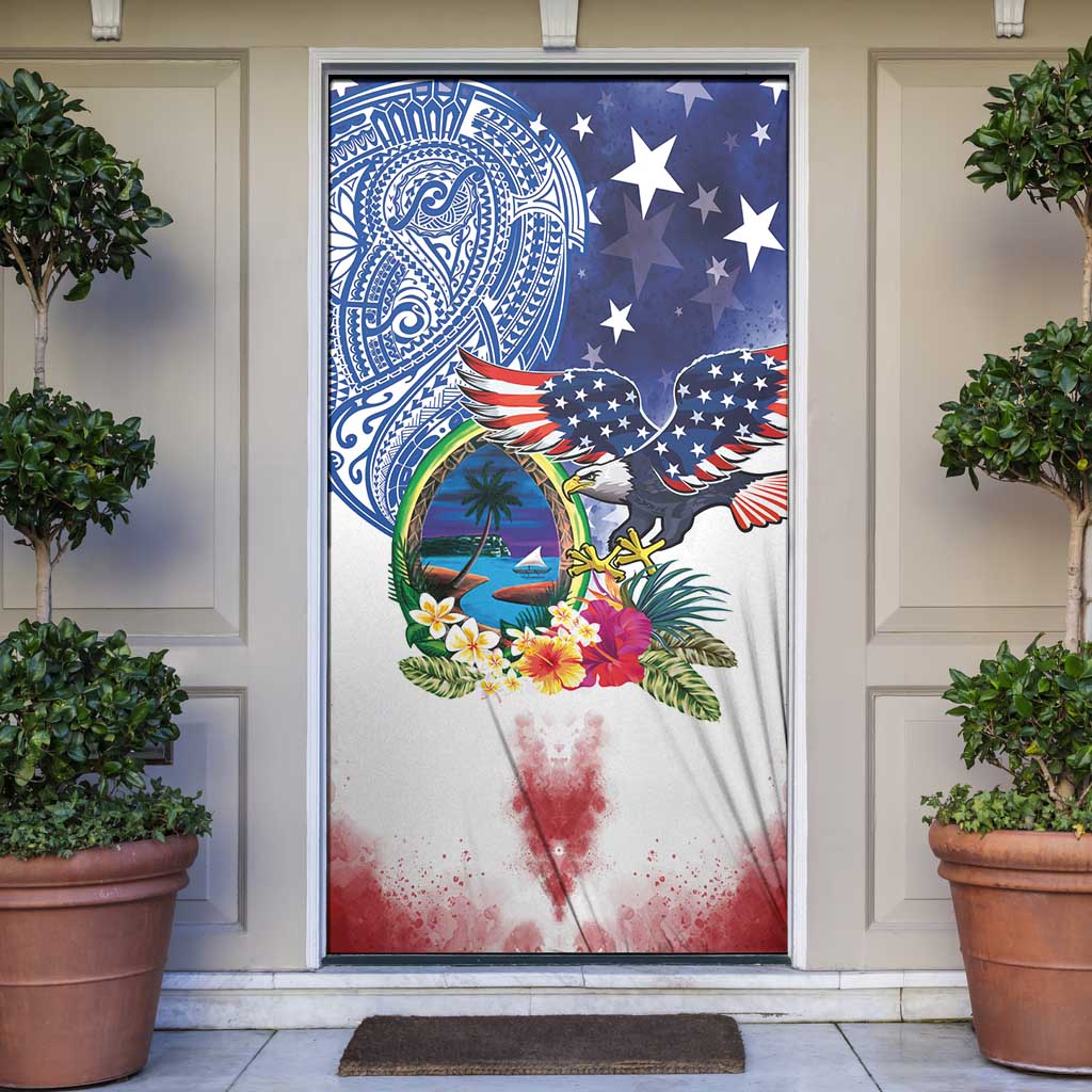 Guam and United States Together Door Cover Bald Eagle and Guam Seal with Flower and Tribal Tattoos LT03 Multicolor - Polynesian Pride