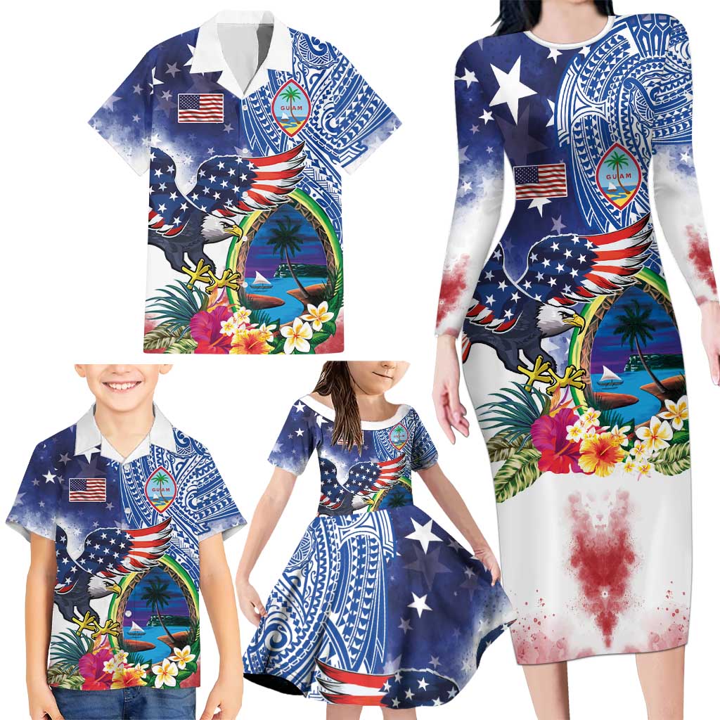 Guam and United States Together Family Matching Long Sleeve Bodycon Dress and Hawaiian Shirt Bald Eagle and Guam Seal with Flower and Tribal Tattoos - Polynesian Pride