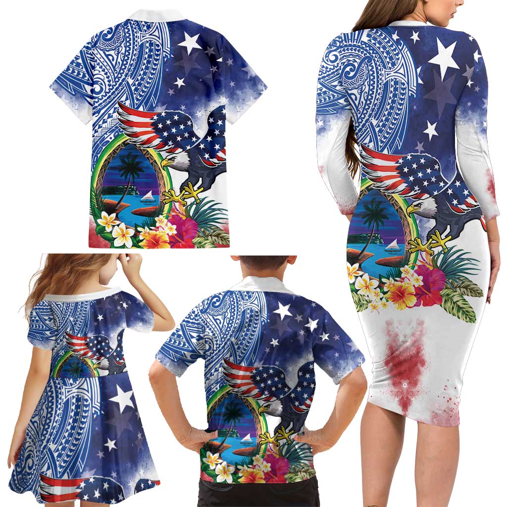 Guam and United States Together Family Matching Long Sleeve Bodycon Dress and Hawaiian Shirt Bald Eagle and Guam Seal with Flower and Tribal Tattoos LT03 - Polynesian Pride