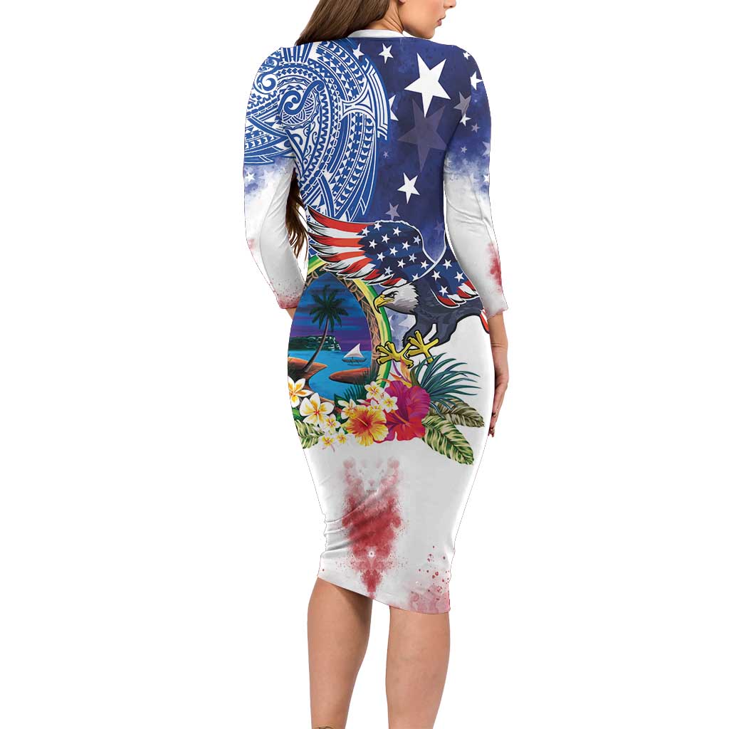 Guam and United States Together Family Matching Long Sleeve Bodycon Dress and Hawaiian Shirt Bald Eagle and Guam Seal with Flower and Tribal Tattoos LT03 - Polynesian Pride