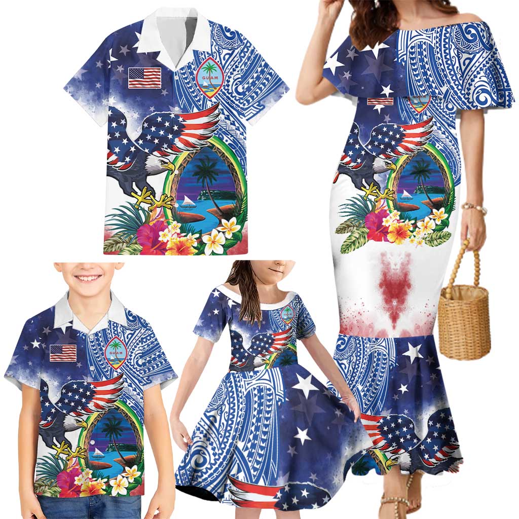 Guam and United States Together Family Matching Mermaid Dress and Hawaiian Shirt Bald Eagle and Guam Seal with Flower and Tribal Tattoos LT03 - Polynesian Pride